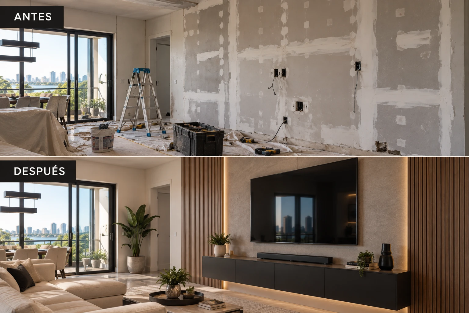 Antes y después: reparación de drywall e instalación de TV con panel decorativo