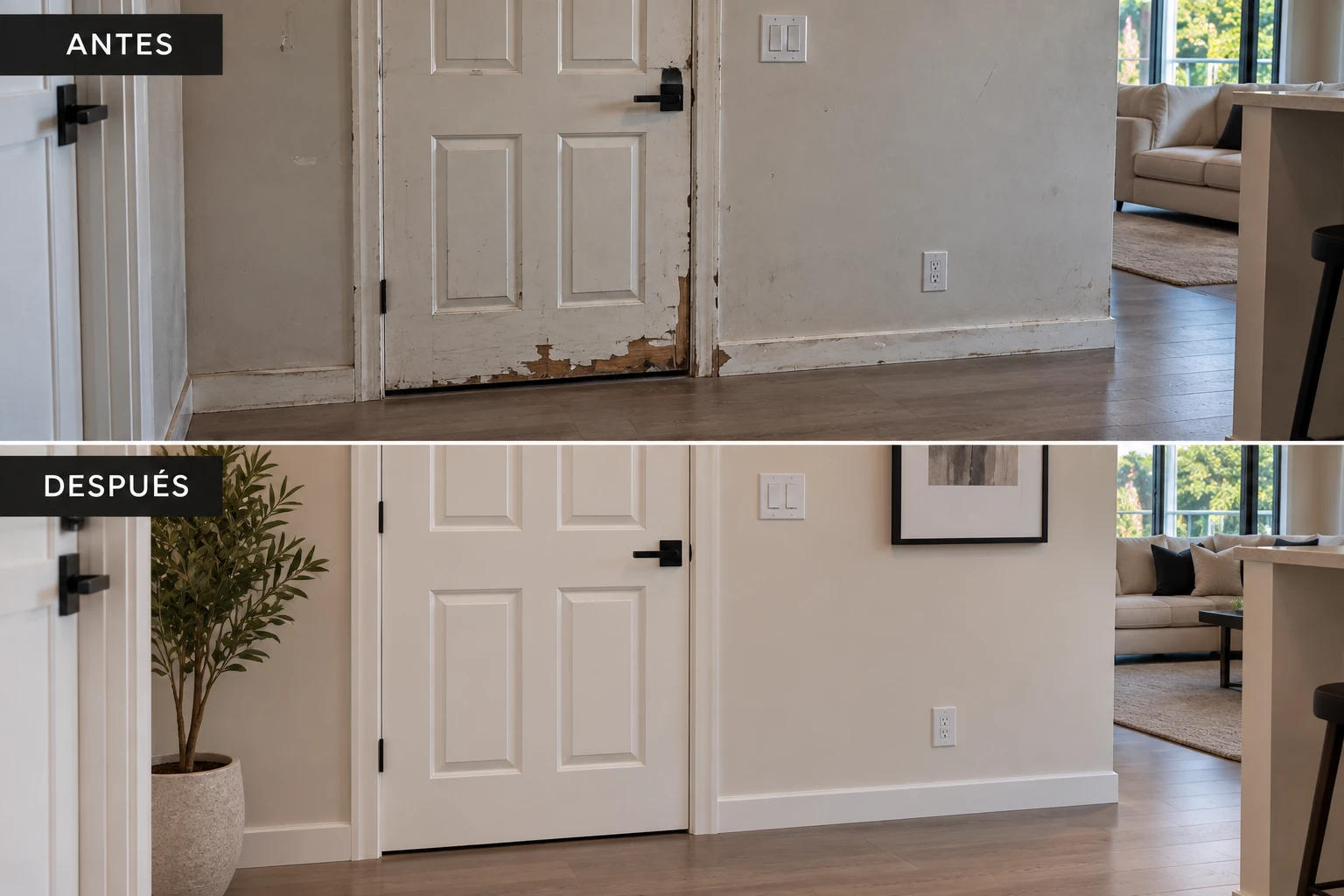 Antes y después: reparación de puerta dañada