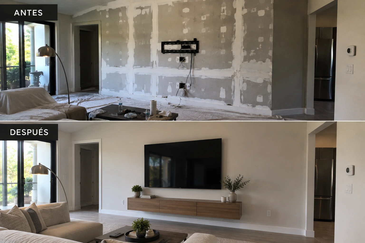 Antes y después: montaje de TV con acabado de pared