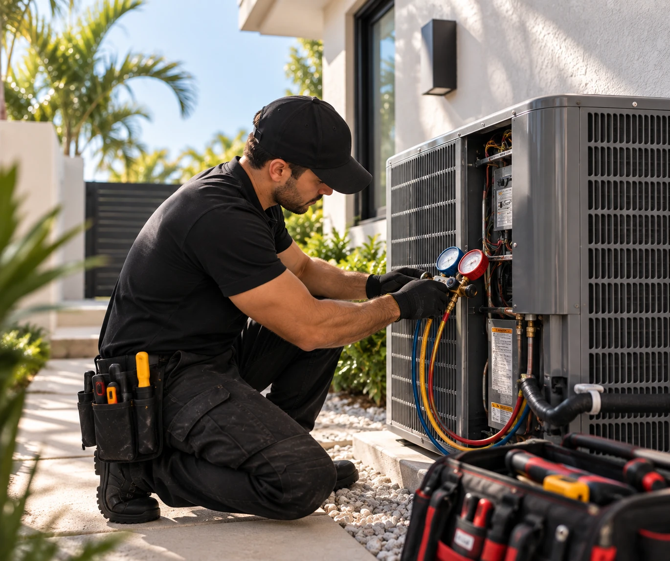 Técnico realizando mantenimiento de aire acondicionado exterior