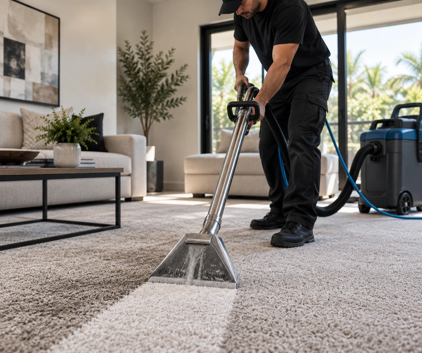 Profesional realizando limpieza profunda de alfombra con equipo especializado