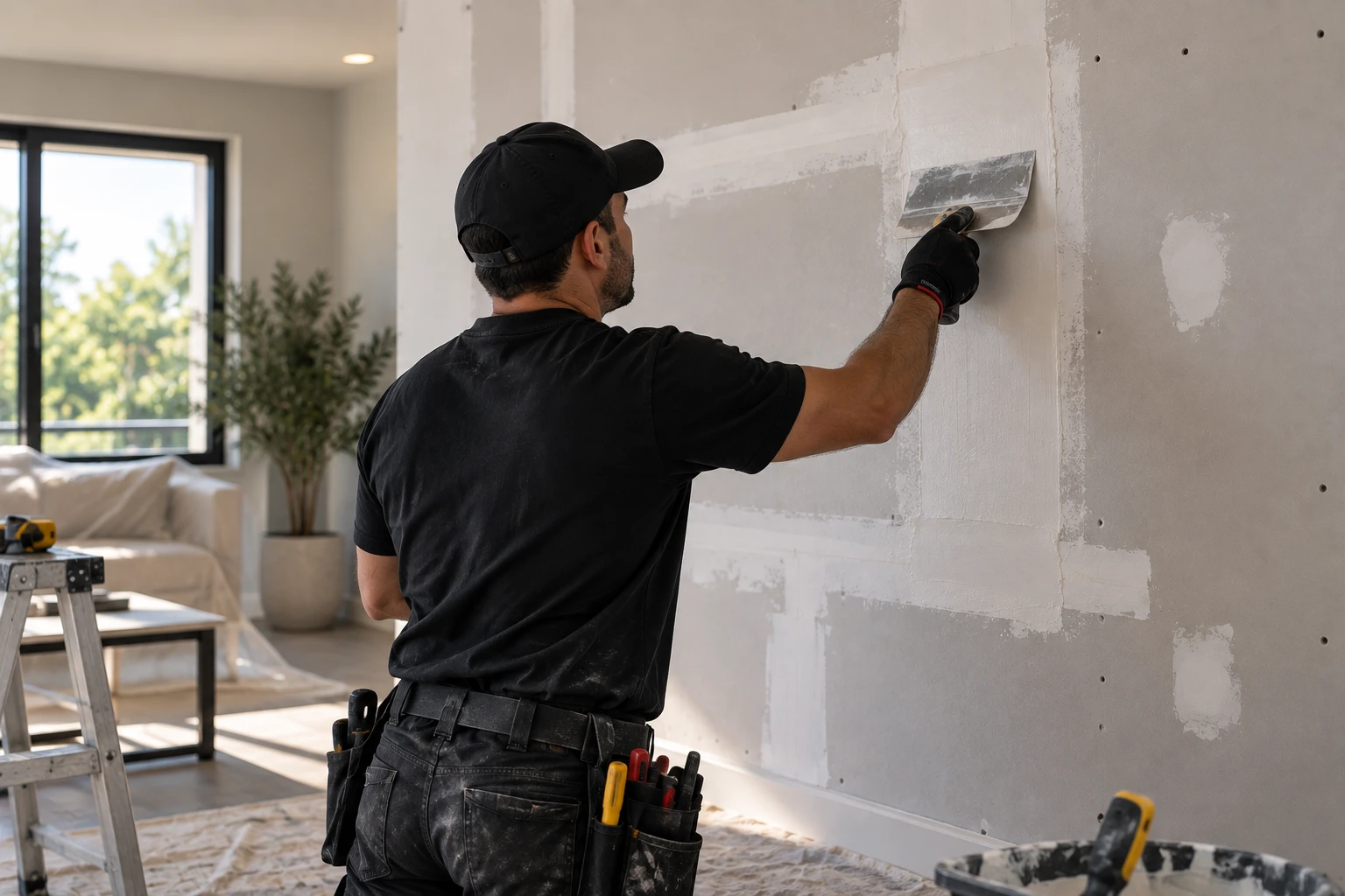 Técnico reparando y aplicando compuesto en pared de drywall