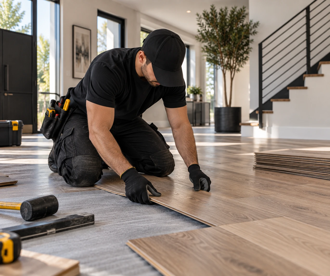 Profesional instalando piso de madera en hogar