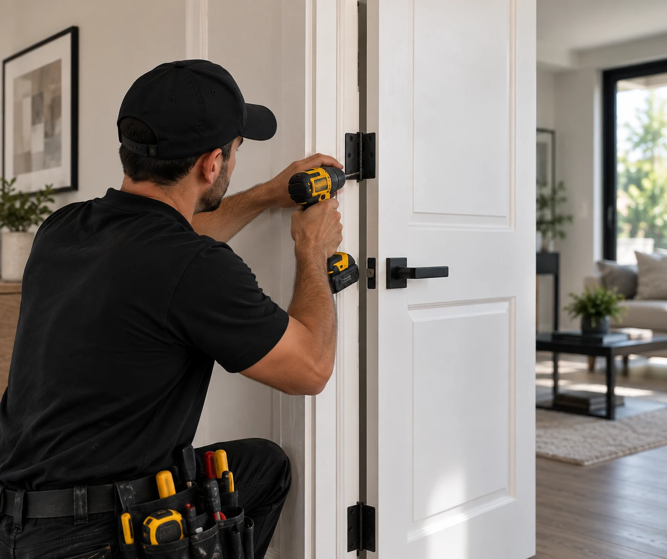 Técnico reparando bisagras y cerradura de puerta