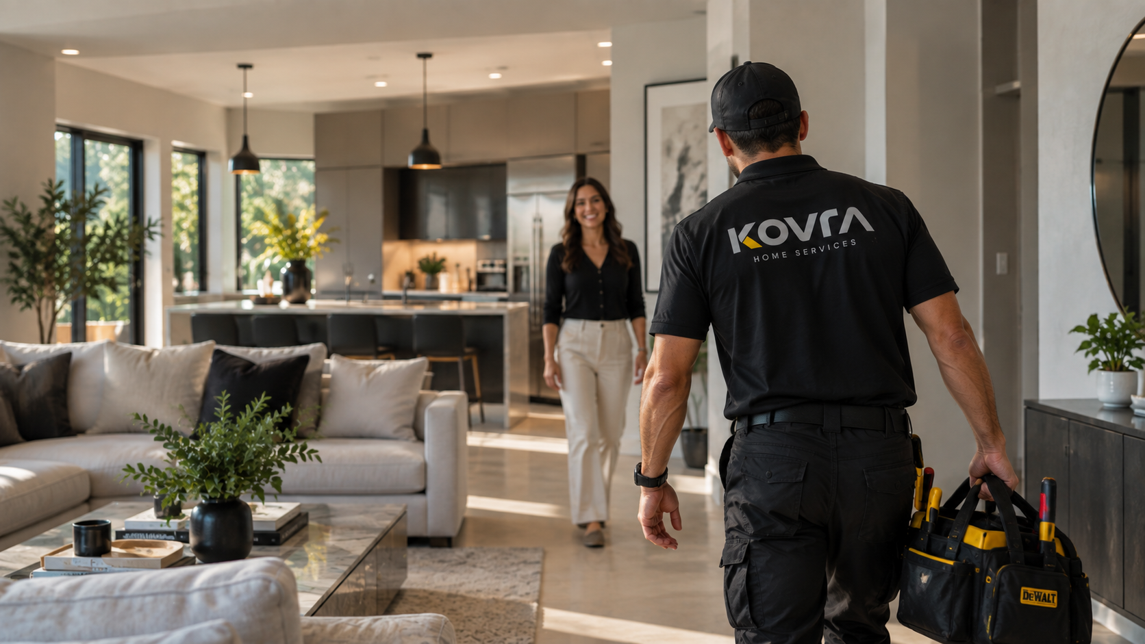 Profesional de KOVRA Home Services llegando a una casa moderna con herramientas de trabajo